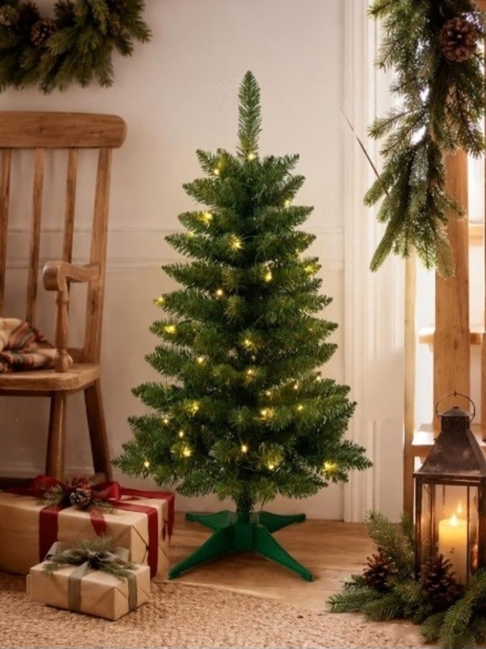 Senjie. 3 FT.  Plush Green Artificial Christmas Tree With Lights. NWT.